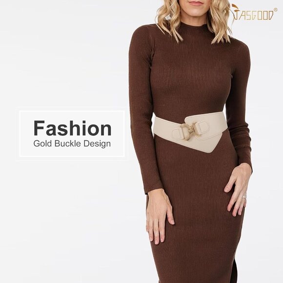Women\'s Wide Elastic Stretch Waist Belt Adjustable Dress Belt Matte Beige Gold main image 7